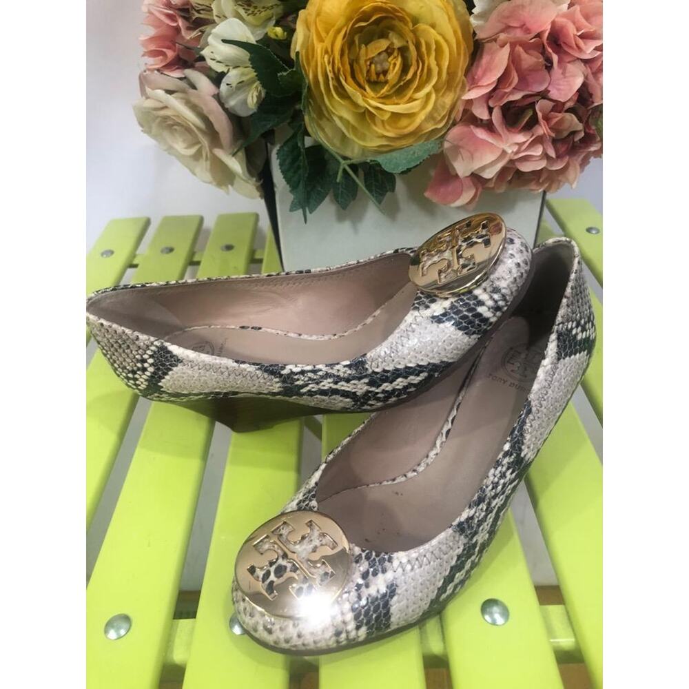 Tory Burch Python Print Molly Wedge in Natural/Go… - image 1